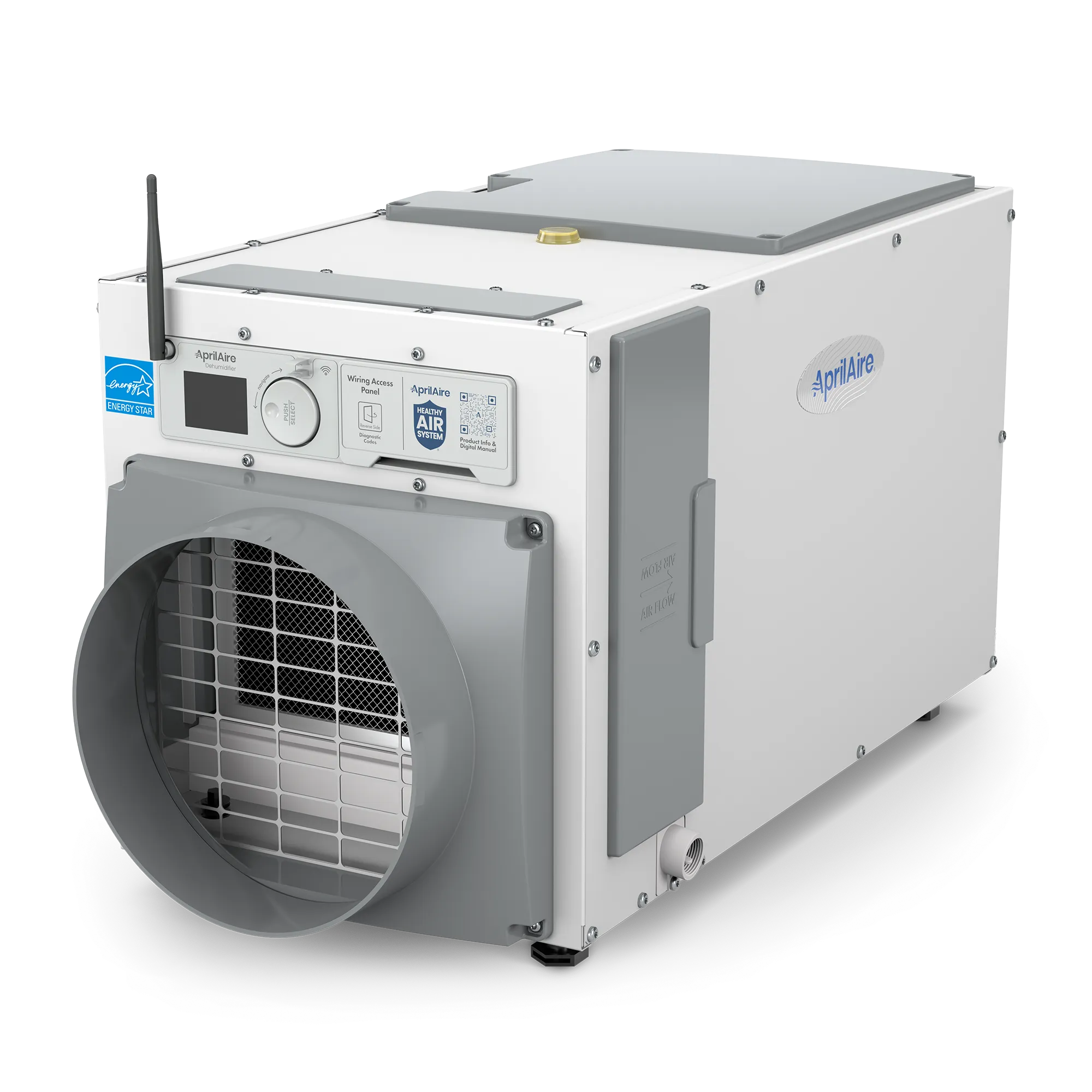AprilAire E80W E100W dehumidifier, angled product rendering