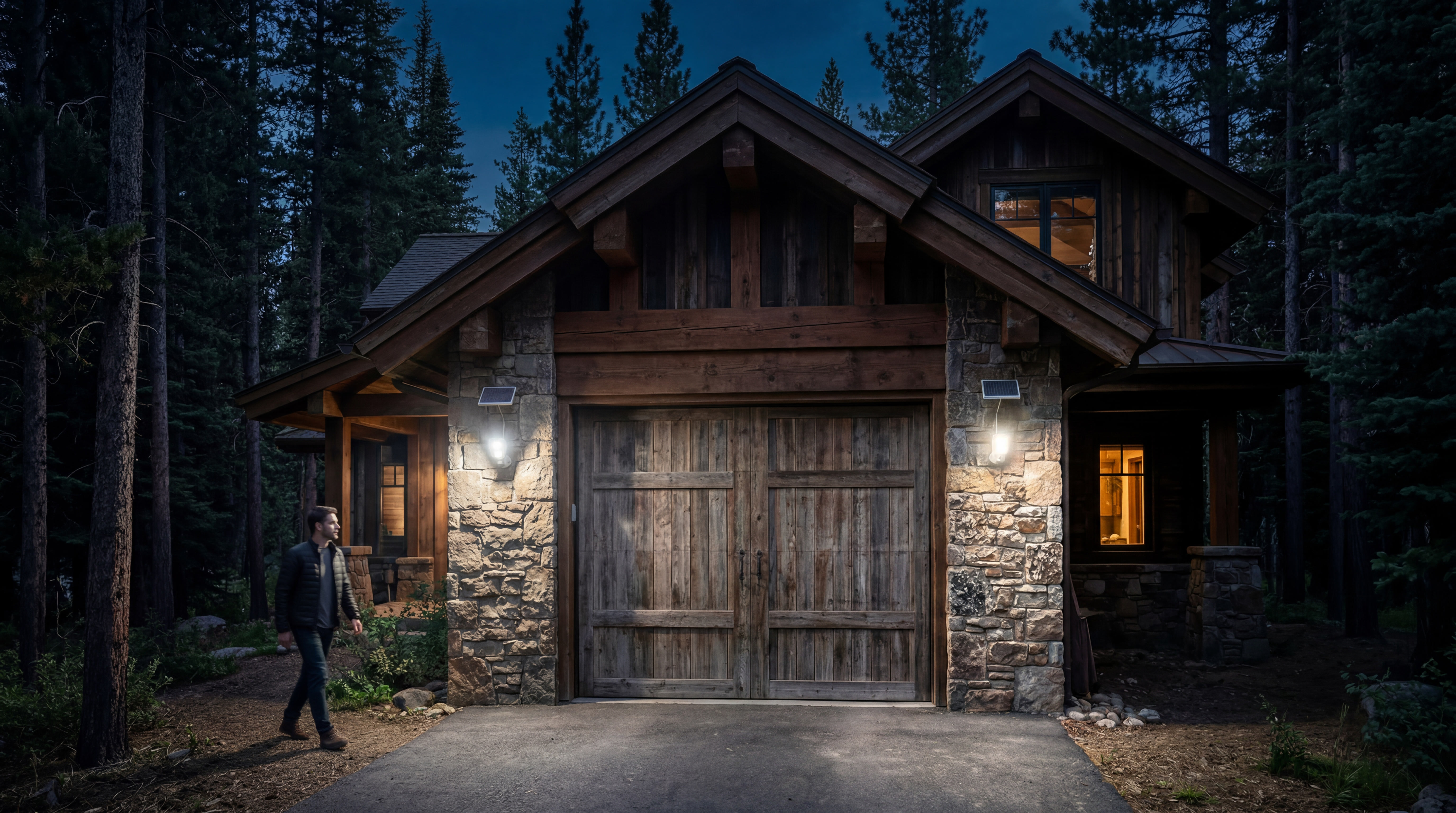 Infinity X1 home-security lighting illuminating a wooded home's garage and entrance.