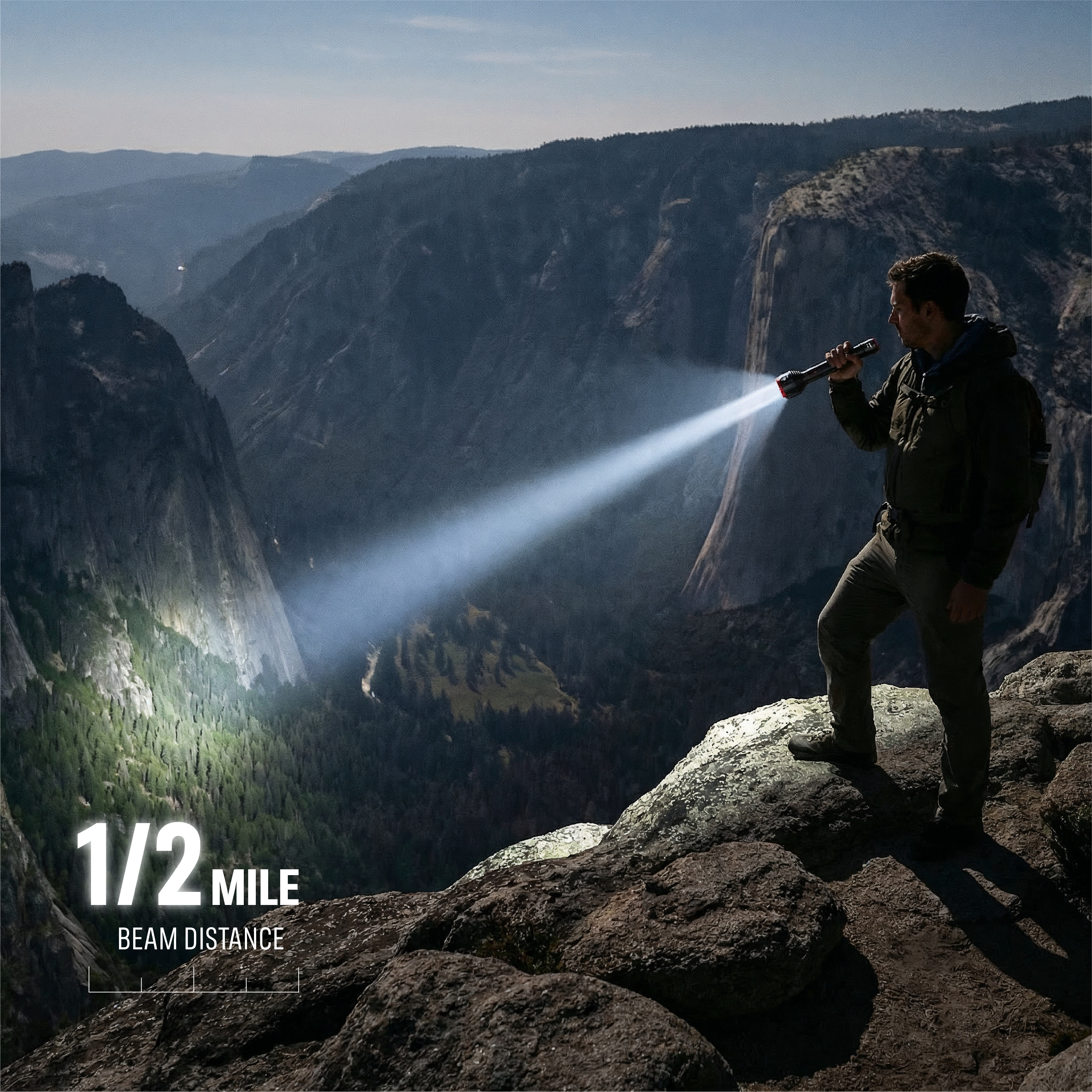 Infinity X1 10,000L flashlight used overlooking a canyon in a lifestyle composite.