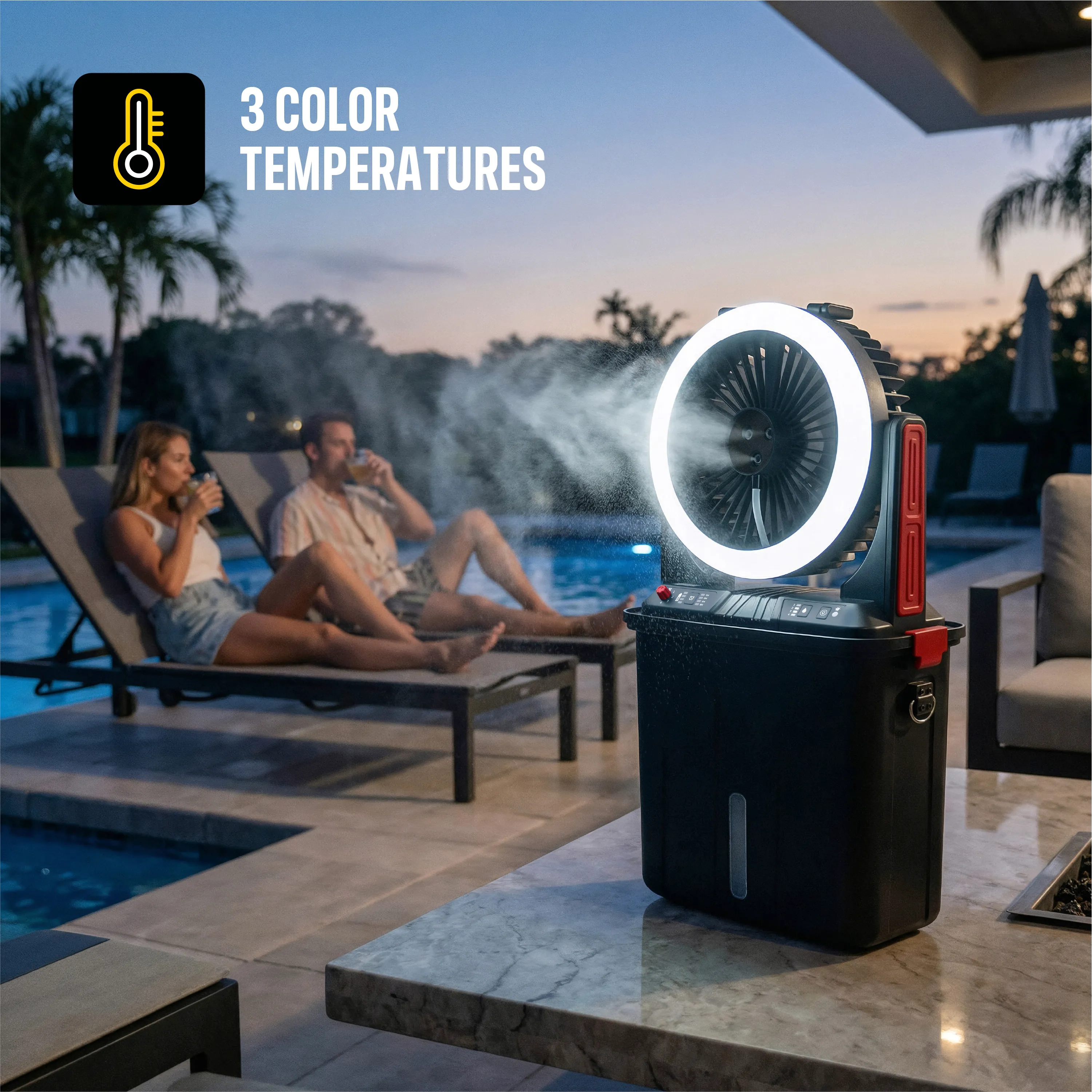 Infinity X1 500L Solar Misting Fan beside a pool at dusk