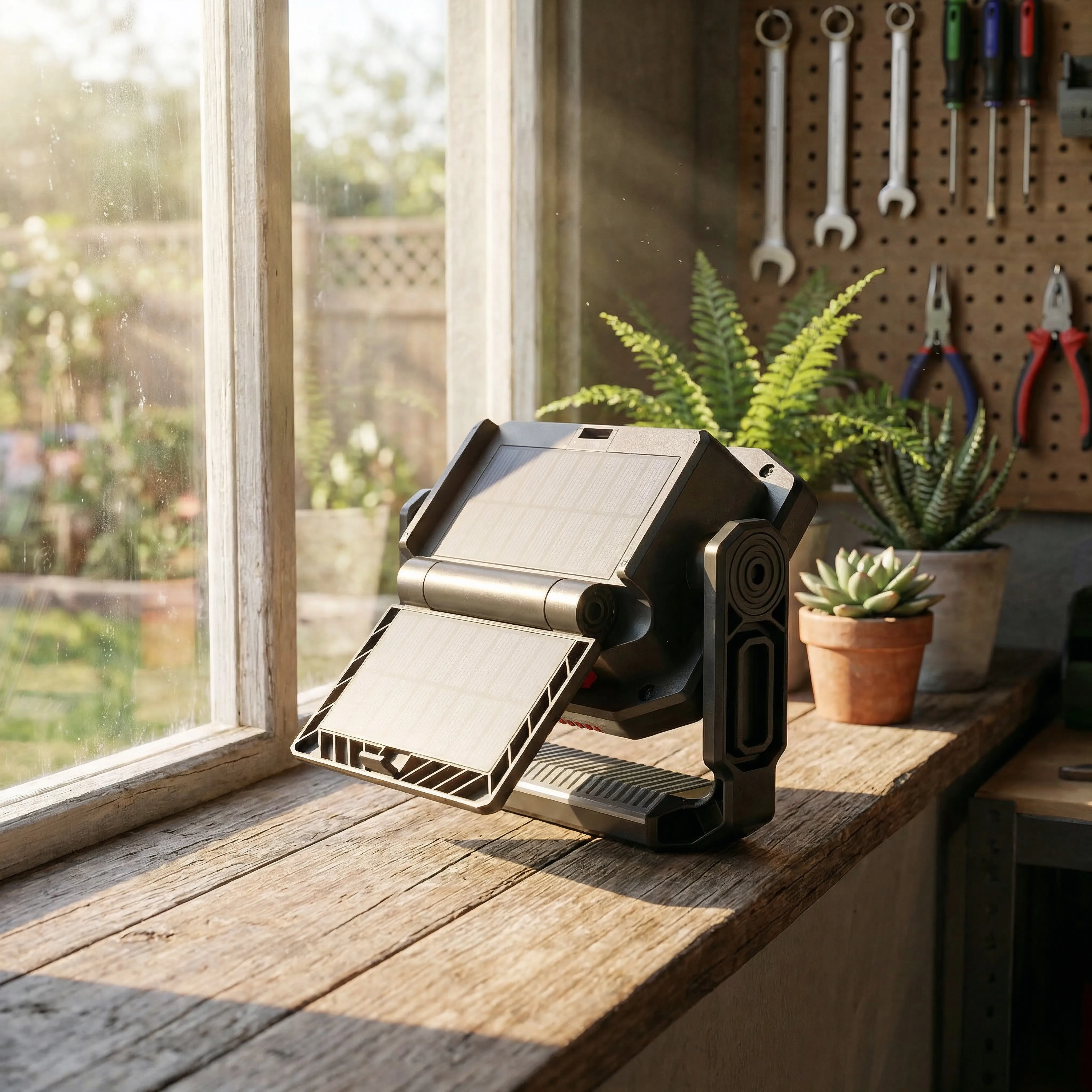 Infinity X1 3000L Solar Worklight charging beside a workshop window