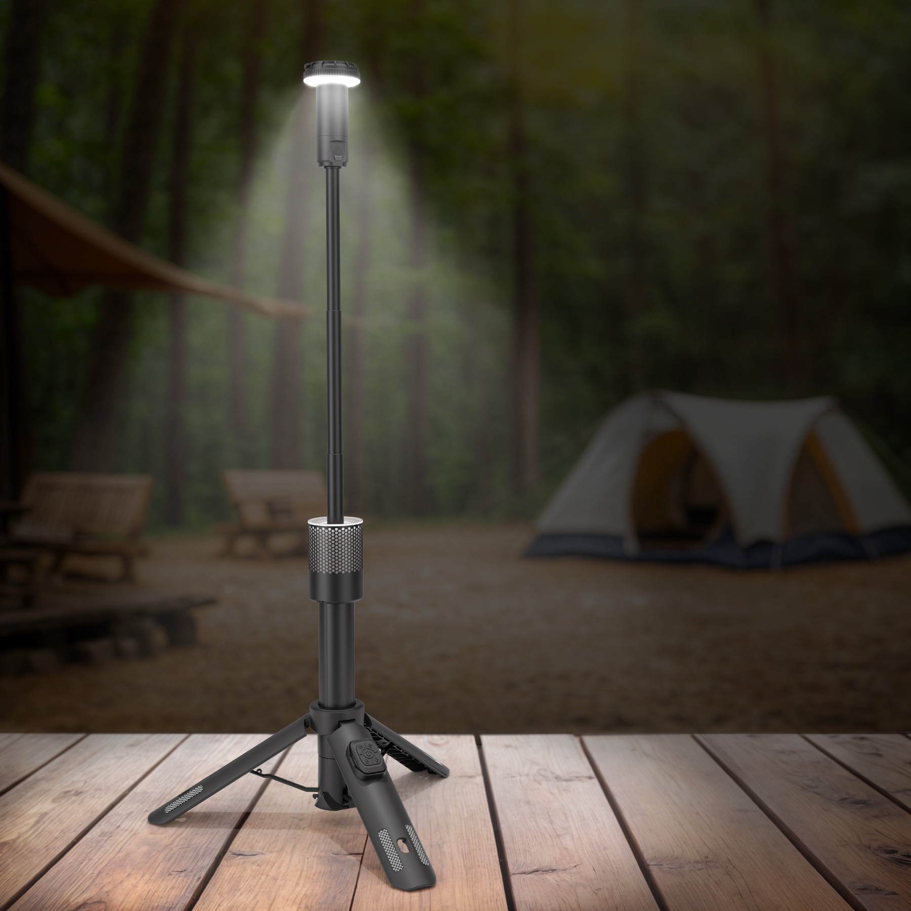 Telescoping camp light / Product rendering integrated into a campsite setting.