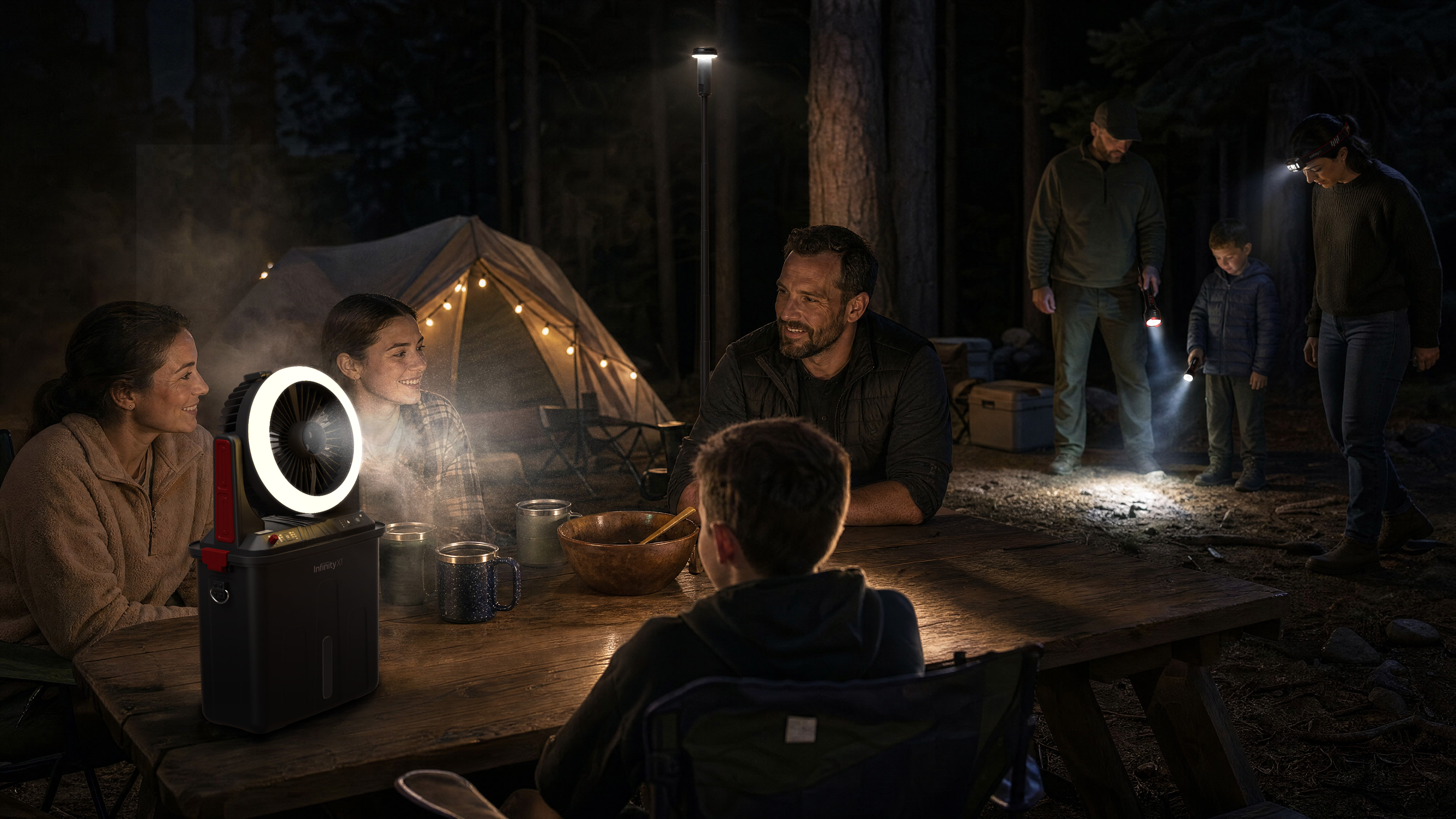 Infinity X1 product family in a campsite scene featuring a misting fan, camp light, lantern and portable lighting.